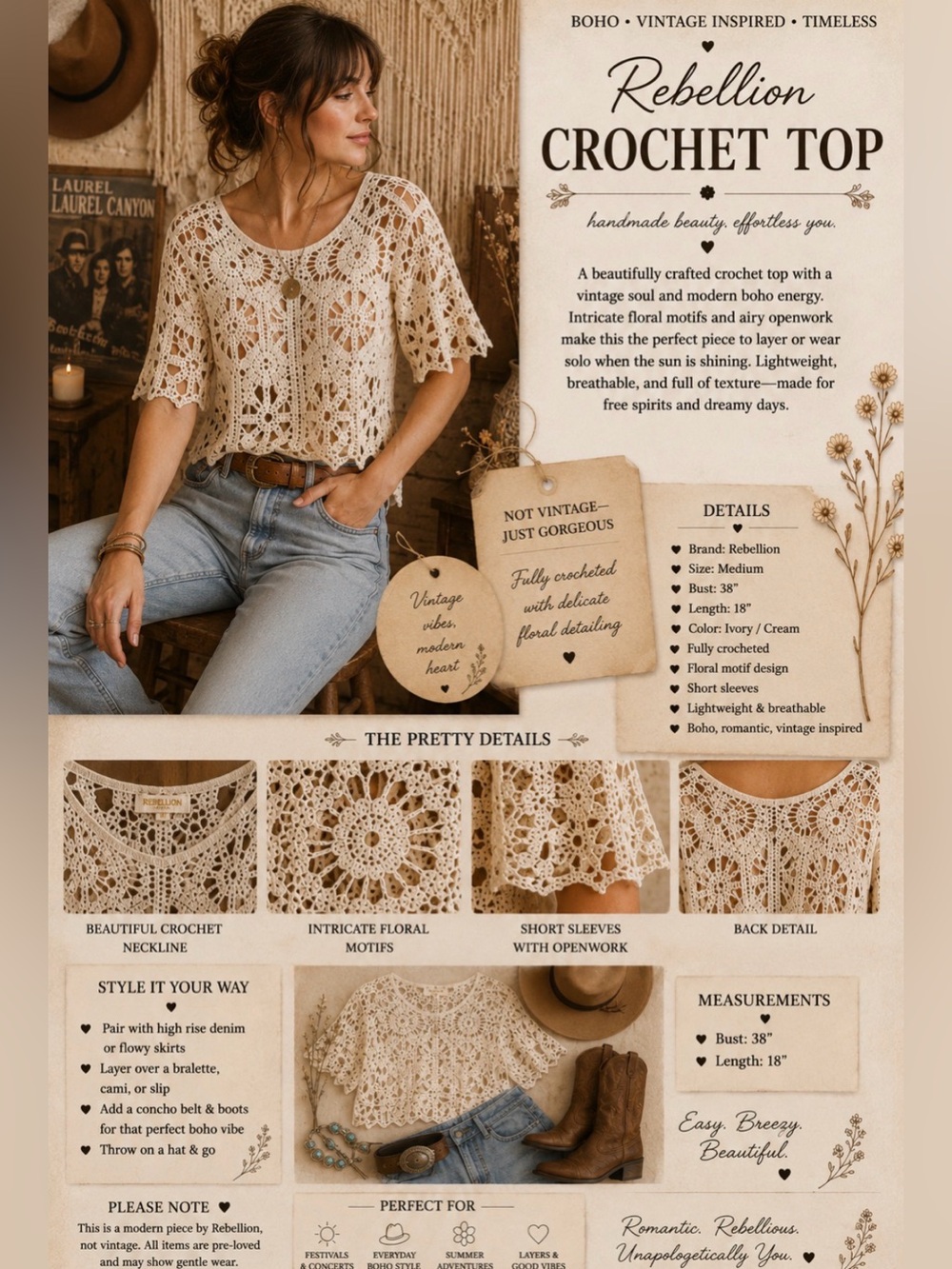 Rebellion / Western bohemian- Crochet Crop Top - Ivory/Cream